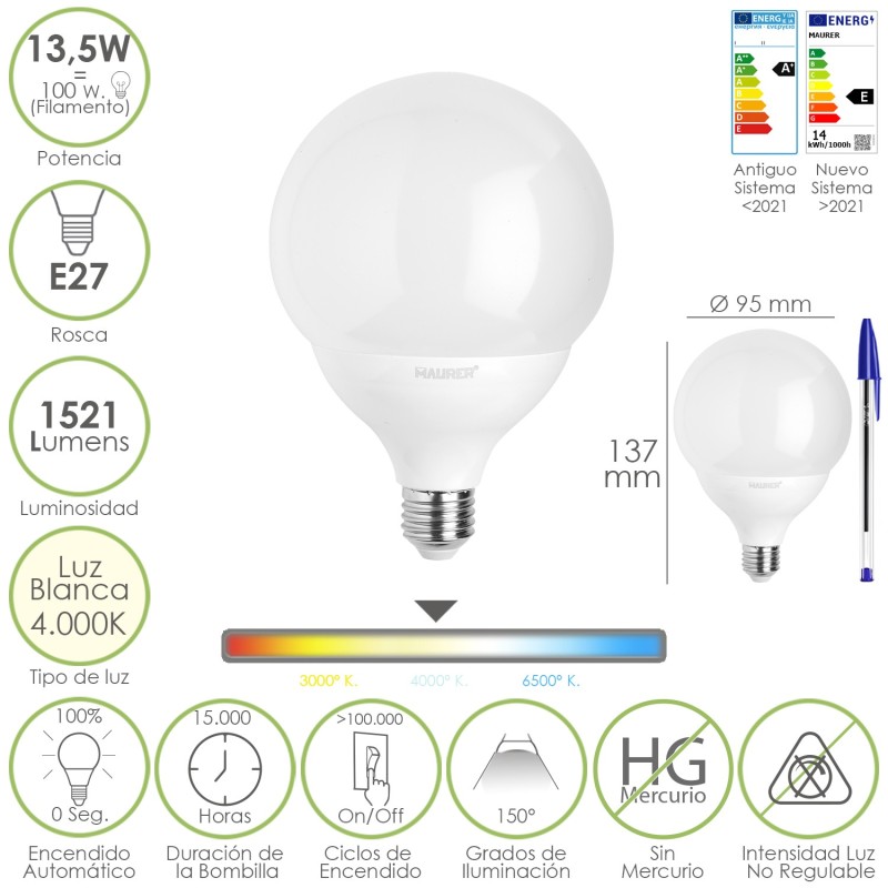 Bombilla Led Esfera Globo E27, 13,5 Watt, Equivale A 100 Watt, 1521 Lumenes, Luz Neutra 4000º K,