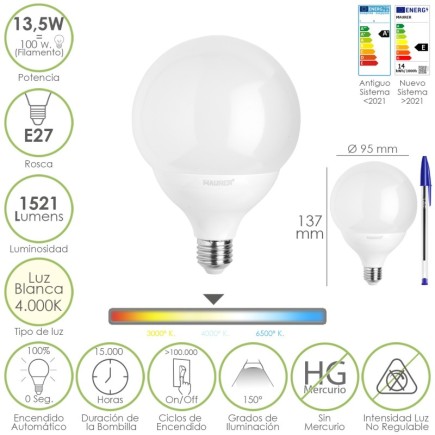 Bombilla Led Esfera Globo E27, 13,5 Watt, Equivale A 100 Watt, 1521 Lumenes, Luz Neutra 4000º K,