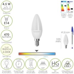 Bombilla Led Vela Rosca E14, 4,5 Watt, Equivale A 35 Watt, 470 Lumenes, Luz Neutra (4000º K,)