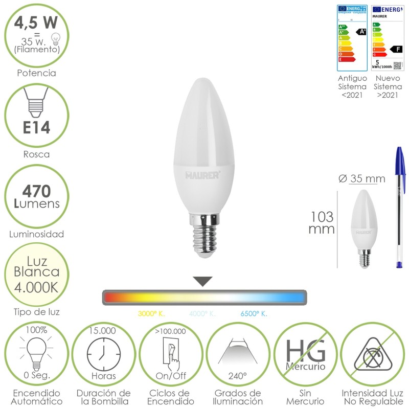 Bombilla Led Vela Rosca E14, 4,5 Watt, Equivale A 35 Watt, 470 Lumenes, Luz Neutra (4000º K,)