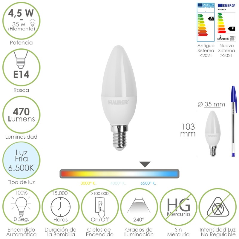 Bombilla Led Vela Rosca E14, 4,5 Watt, Equivale A 35 Watt, 470 Lumenes, Luz Fira (6500º K,)