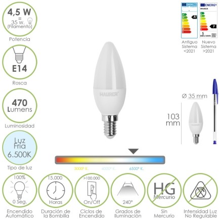 Bombilla Led Vela Rosca E14, 4,5 Watt, Equivale A 35 Watt, 470 Lumenes, Luz Fira (6500º K,)