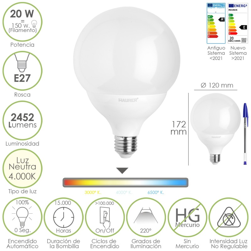 Bombilla Led Globo E27, 20 Watt, Equivale A 150 Watt, 2452 Lumenes, Luz Neutra 4000º K,