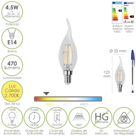 Bombilla Led Filamento Vela Llama E14, 4,5 Watt, Equivale A 35 Watt, 470 Lumenes, Luz Calida 2700º K,