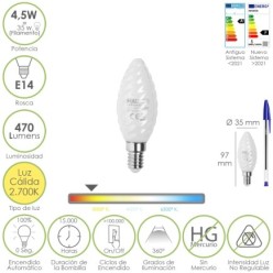 Bombilla Led Filamento Vela Esmerilada E14, 4,5 Watt, Equivale A 35 Watt, 470 Lumenes, Luz Calida 2700º K,