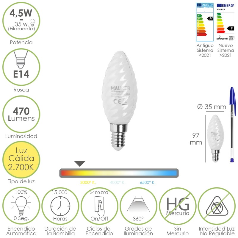 Bombilla Led Filamento Vela Esmerilada E14, 4,5 Watt, Equivale A 35 Watt, 470 Lumenes, Luz Calida 2700º K,