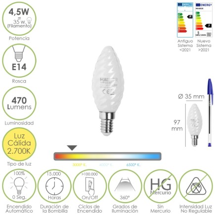 Bombilla Led Filamento Vela Esmerilada E14, 4,5 Watt, Equivale A 35 Watt, 470 Lumenes, Luz Calida 2700º K,