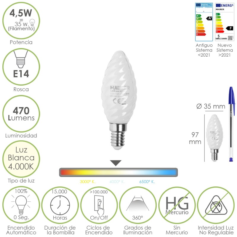 Bombilla Led Filamento Vela Esmerilada E14, 4,5 Watt, Equivale A 35 Watt, 470 Lumenes, Luz Neutra 4000º K,