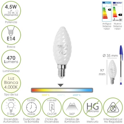 Bombilla Led Filamento Vela Esmerilada E14, 4,5 Watt, Equivale A 35 Watt, 470 Lumenes, Luz Neutra 4000º K,