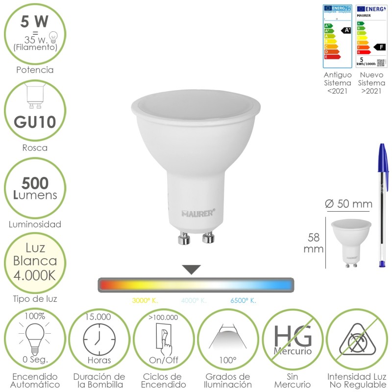 Bombilla Led Dicroica Rosca GU10, 5 Watt, Equivale A 35 Watt, 500 Lumenes, Luz Neutra 4000º K