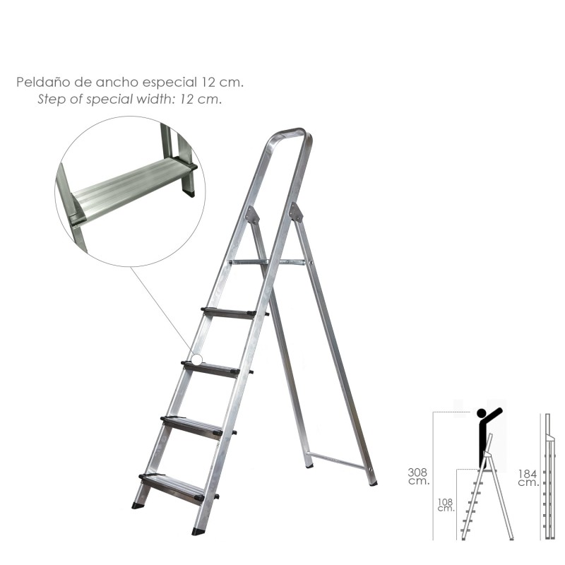 Escalera Doméstica Aluminio Profesional 5 Peldaños 12 cm Grosor,