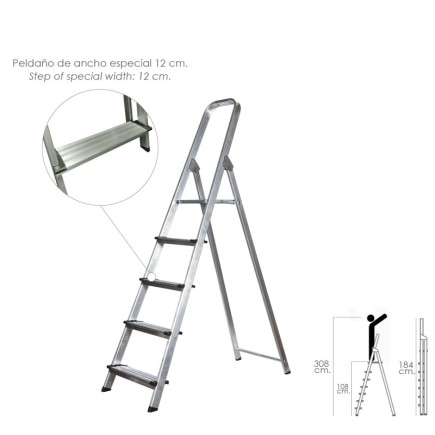 Escalera Doméstica Aluminio Profesional 5 Peldaños 12 cm Grosor,