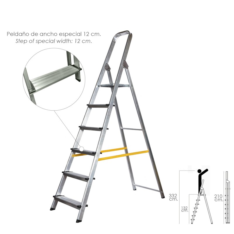 Escalera Doméstica Aluminio Profesional 6 Peldaños 12 cm Grosor,