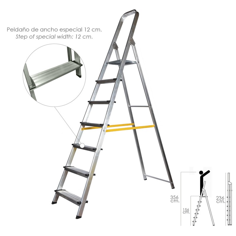 Escalera Doméstica Aluminio Profesional 7 Peldaños 12 cm Grosor,