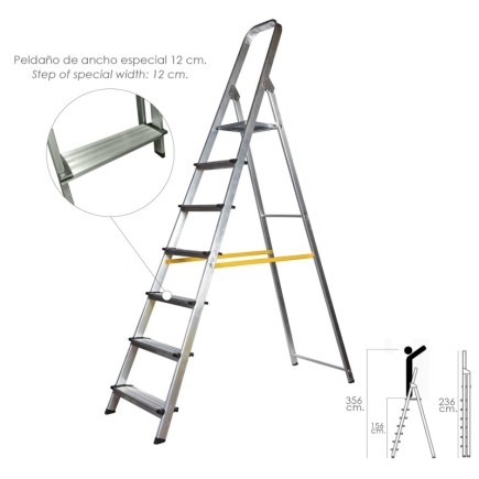 Escalera Doméstica Aluminio Profesional 7 Peldaños 12 cm Grosor,