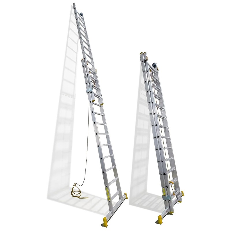 Escalera Aluminio 2 Tramos Mecanica 14 Peldaños, Plegable, Telescópica, Antideslizante, Resistente