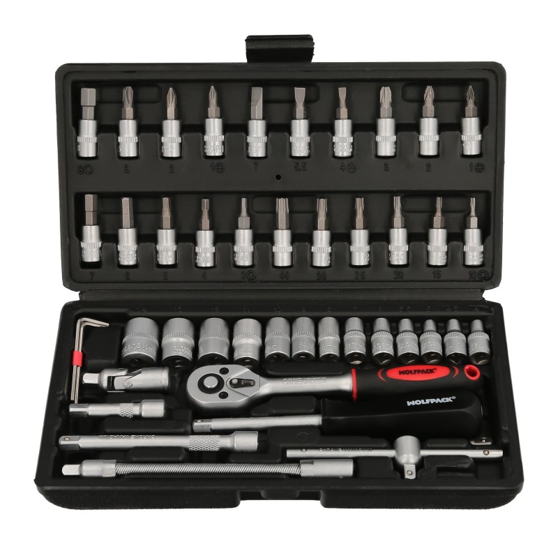 Juego Llaves De Vaso y Puntas 1/4" 46 Pzs, Con Apadtador, Cromo Vanadio, Kit Llave Combinada, Kit Carraca,