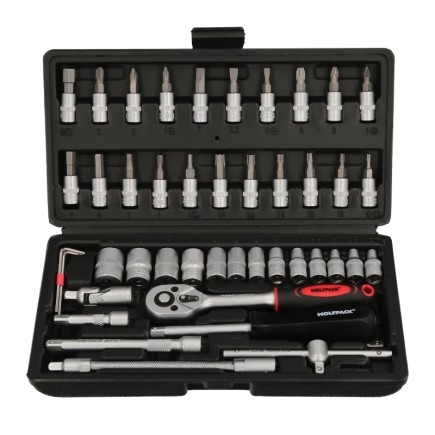 Juego Llaves De Vaso y Puntas 1/4" 46 Pzs, Con Apadtador, Cromo Vanadio, Kit Llave Combinada, Kit Carraca,