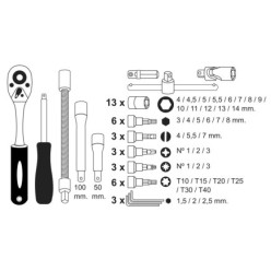Juego Llaves De Vaso y Puntas 1/4" 46 Pzs, Con Apadtador, Cromo Vanadio, Kit Llave Combinada, Kit Carraca,