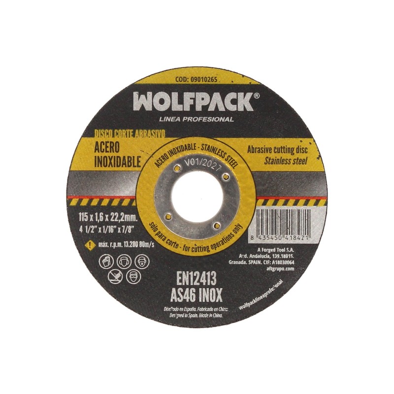 Disco Corte Abrasivo Acero Inoxidable Ø 115x Ø 22,2 mm Espesor 1,6 mm, Disco Radial / Amoladora Universal