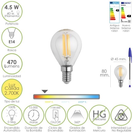 Bombilla Led Filamento Esfera Rosca E14, 4,5 Watt, Equivale A 40 Watt, 470 Lumenes, Luz Cálida (2700º K,)