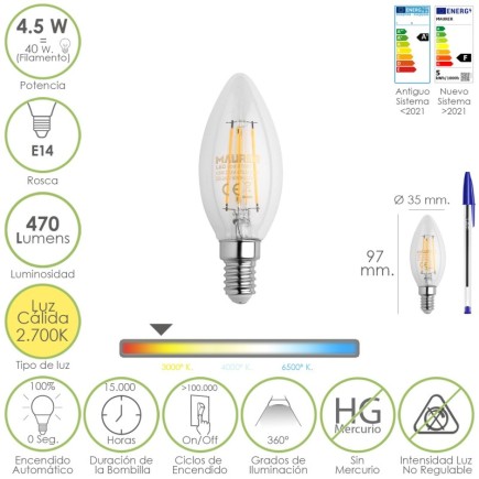 Bombilla Led Filamento Vela Rosca E14, 4,5 Watt, Equivale A 40 Watt, 470 Lumenes, Luz Cálida (2700º K,)