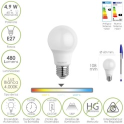 Bombilla Led Estandar Rosca E27, 4,9 Watt, Equivale A 40 Watt, 480 Lumenes, Luz Blanca (4000º K,)