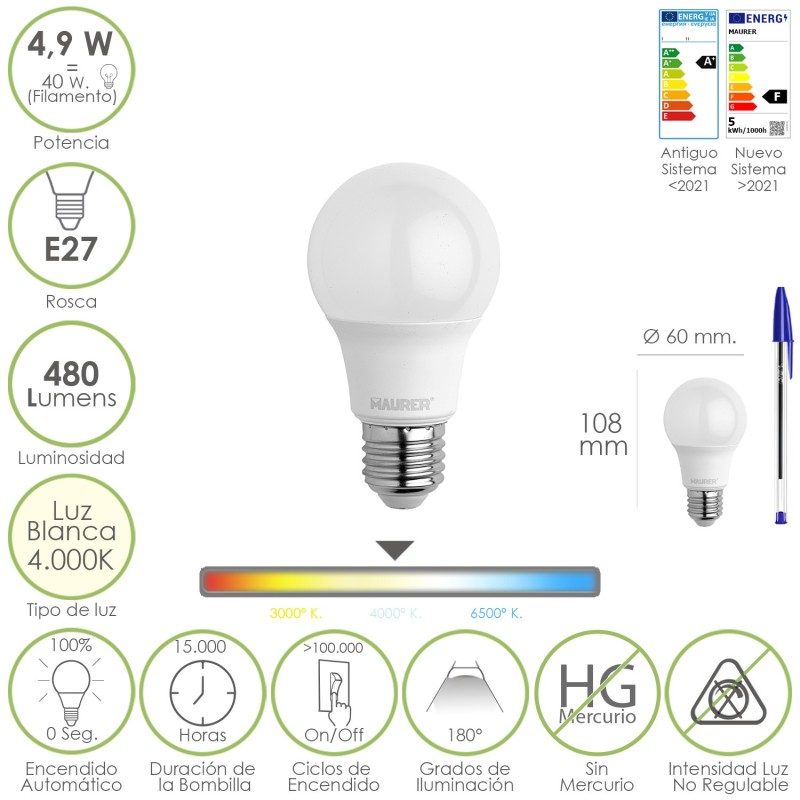 Bombilla Led Estandar Rosca E27, 4,9 Watt, Equivale A 40 Watt, 480 Lumenes, Luz Blanca (4000º K,)