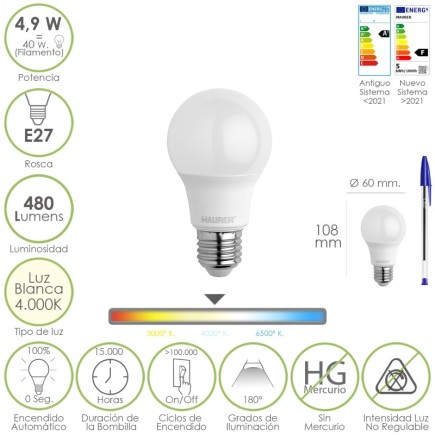 Bombilla Led Estandar Rosca E27, 4,9 Watt, Equivale A 40 Watt, 480 Lumenes, Luz Blanca (4000º K,)