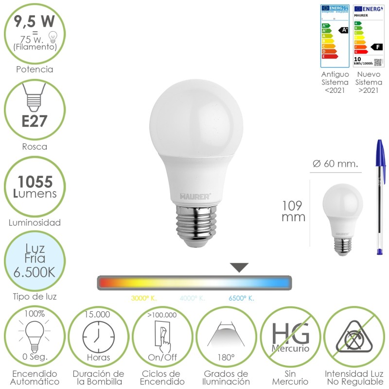 Bombilla Led Estandar Rosca E27, 9,5 Watt, Equivale A 75 Watt, 1055 Lumenes, Luz Fría (6500º K,)