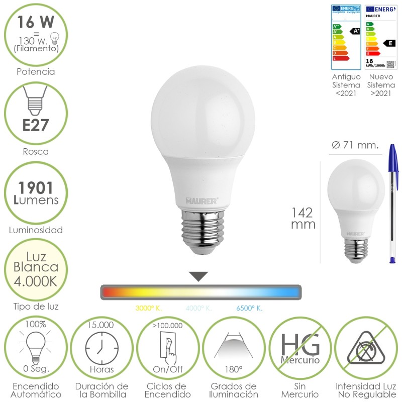 Bombilla Led Estandar Rosca E27, 16 Watt, Equivale A 130 Watt, 1901 Lumenes, Luz Blanca 4000º K,)