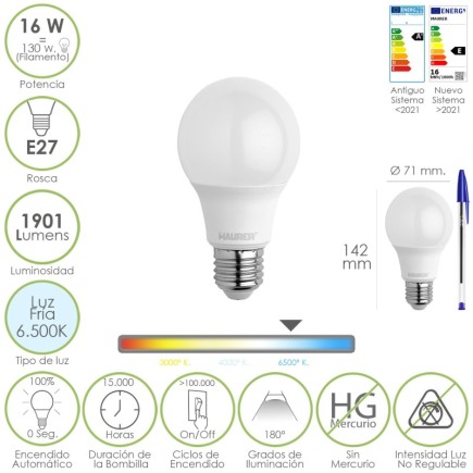 Bombilla Led Estandar Rosca E27, 16 Watt, Equivale A 130 Watt, 1901 Lumenes, Luz Fría 6500º K,)