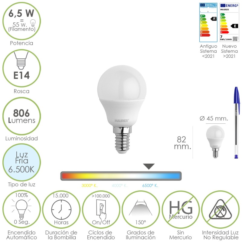 Bombilla Led Esfera Rosca E14, 6,5 Watt, Equivale A 55 Watt, 806 Lumenes, Luz Fría 6500º K,
