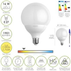 Bombilla Led Globo Rosca E27, 16 Watt, Equivale A 130 Watt, 1901 Lumenes, Luz Cálida (2700º K,)
