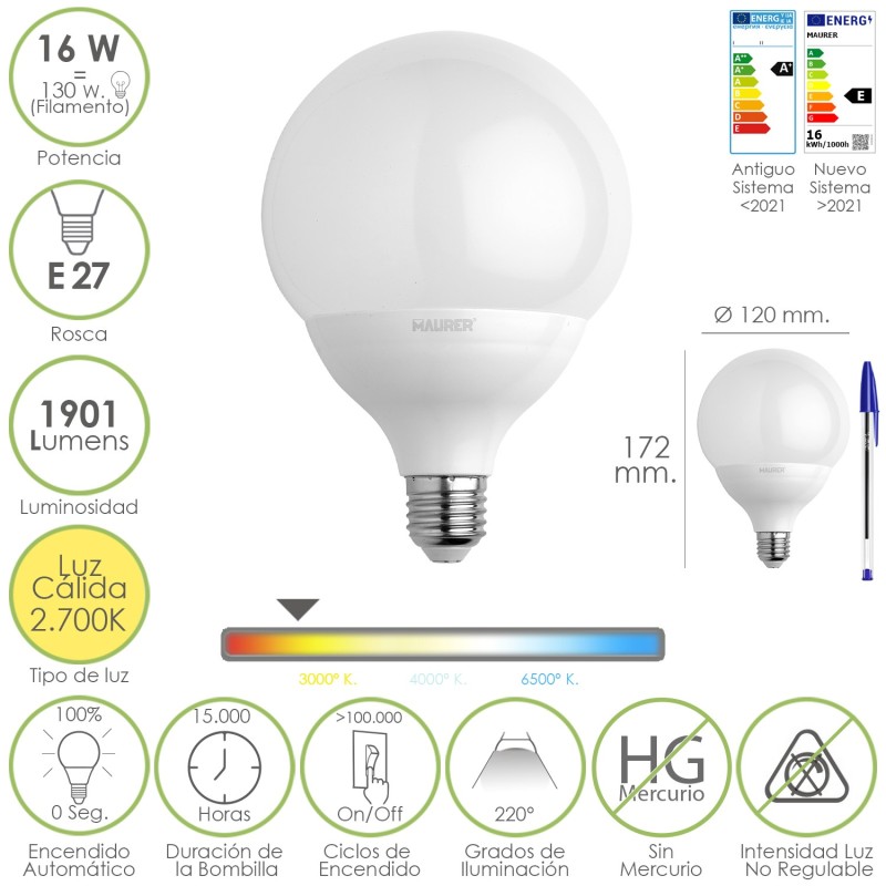 Bombilla Led Globo Rosca E27, 16 Watt, Equivale A 130 Watt, 1901 Lumenes, Luz Cálida (2700º K,)