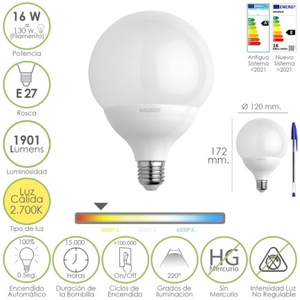 Bombilla Led Globo Rosca E27, 16 Watt, Equivale A 130 Watt, 1901 Lumenes, Luz Cálida (2700º K,)