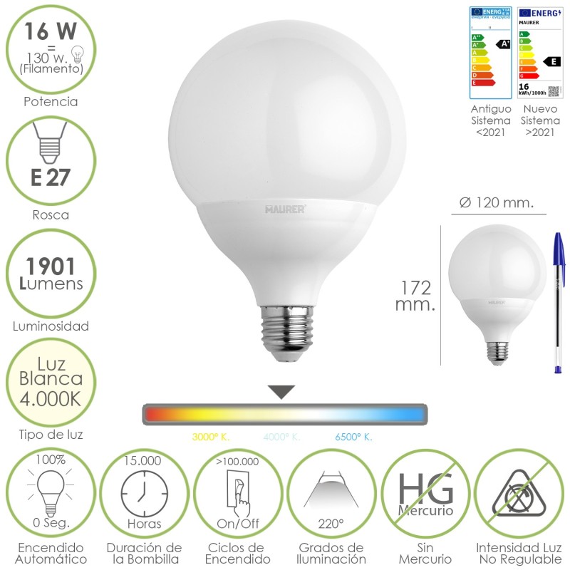 Bombilla Led Globo Rosca E27, 16 Watt, Equivale A 130 Watt, 1901 Lumenes, Luz Blanca (4000º K,)