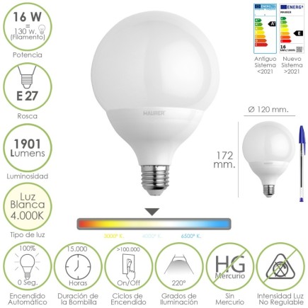 Bombilla Led Globo Rosca E27, 16 Watt, Equivale A 130 Watt, 1901 Lumenes, Luz Blanca (4000º K,)