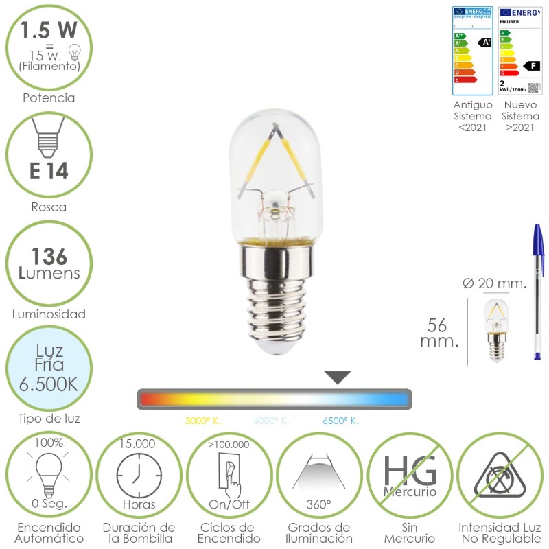 Bombilla Led Frigorifico Rosca E14, 1,5 Watt, Equivale A 15 Watt, 136 Lumenes, Luz Fria (6500º K,)