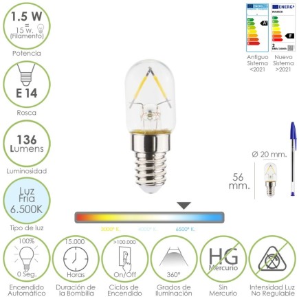 Bombilla Led Frigorifico Rosca E14, 1,5 Watt, Equivale A 15 Watt, 136 Lumenes, Luz Fria (6500º K,)