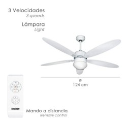 Ventilador Techo Ø 124 cm, 70 Watt, Con Luz y Mando A Distancia 5 Aspas y 3 Velocidades, Con temporizador