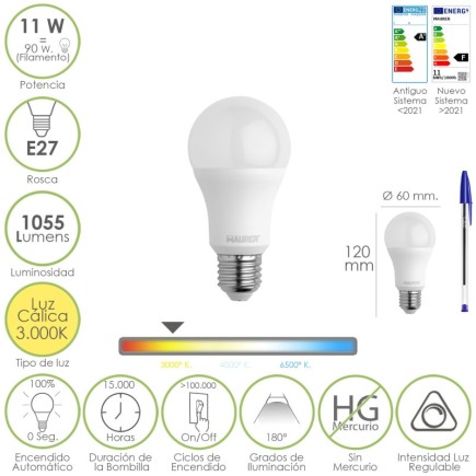 Bombilla Led Estandar Rosca E27, 11 Watt, Equivale A 90 Watt, 1055 Lumenes, Luz Calida (3000º K,) Dimerable