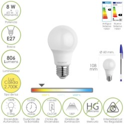 Bombilla Led Estandar Rosca E27, 8 Watt, Equivale A 65 Watt, 806 Lumenes, Luz Calida (2700º K,)