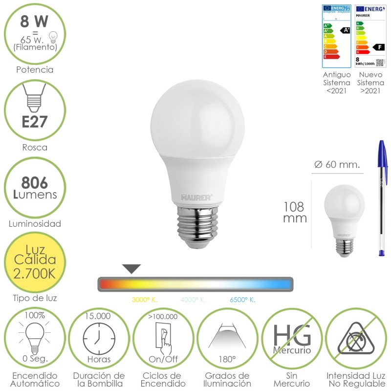 Bombilla Led Estandar Rosca E27, 8 Watt, Equivale A 65 Watt, 806 Lumenes, Luz Calida (2700º K,)