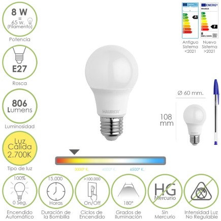 Bombilla Led Estandar Rosca E27, 8 Watt, Equivale A 65 Watt, 806 Lumenes, Luz Calida (2700º K,)