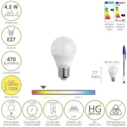 Bombilla Led Esferica Rosca E27 4,5 Watt, Equivale A 55 Watt, 470 Lumenes, Luz Cálida (2700º K,)