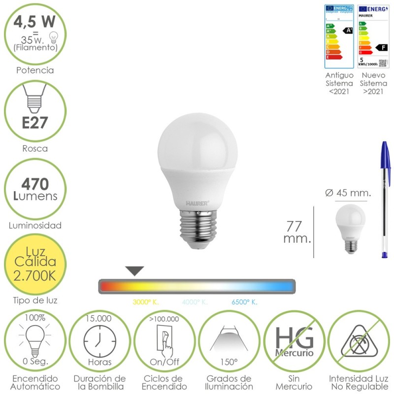 Bombilla Led Esferica Rosca E27 4,5 Watt, Equivale A 55 Watt, 470 Lumenes, Luz Cálida (2700º K,)