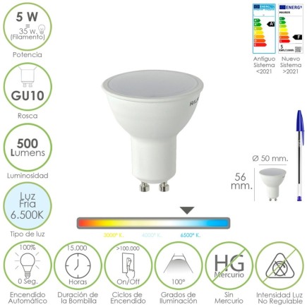 Bombilla Led Dicroica Rosca GU10, 5 Watt, Equivale A 30 Watt, 500 Lumenes, Luz Fria (6500º K,)