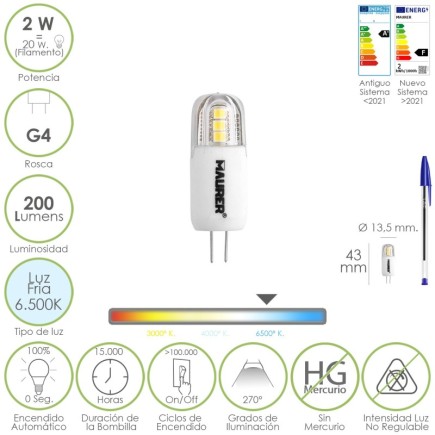 Bombilla Led Dicroica Rosca G4, 2 Watt, Equivale A 20 Watt, 200 Lumenes, Luz Fria (6500º K)