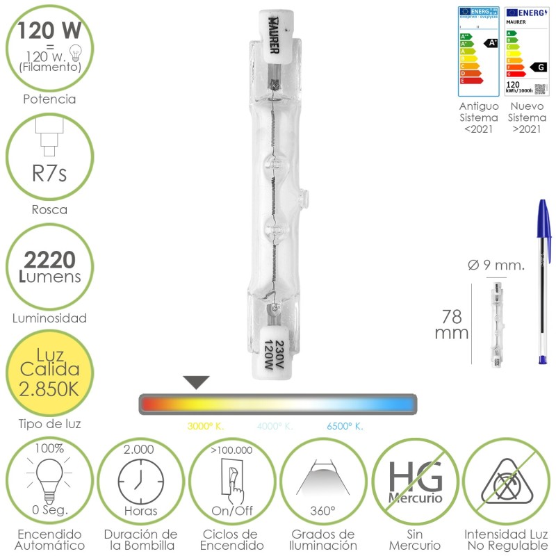 Bombilla Halogena Para Focos Rosca R7S, 120 Watt, 2220 Lumenes, Luz Cálida (2850º K)